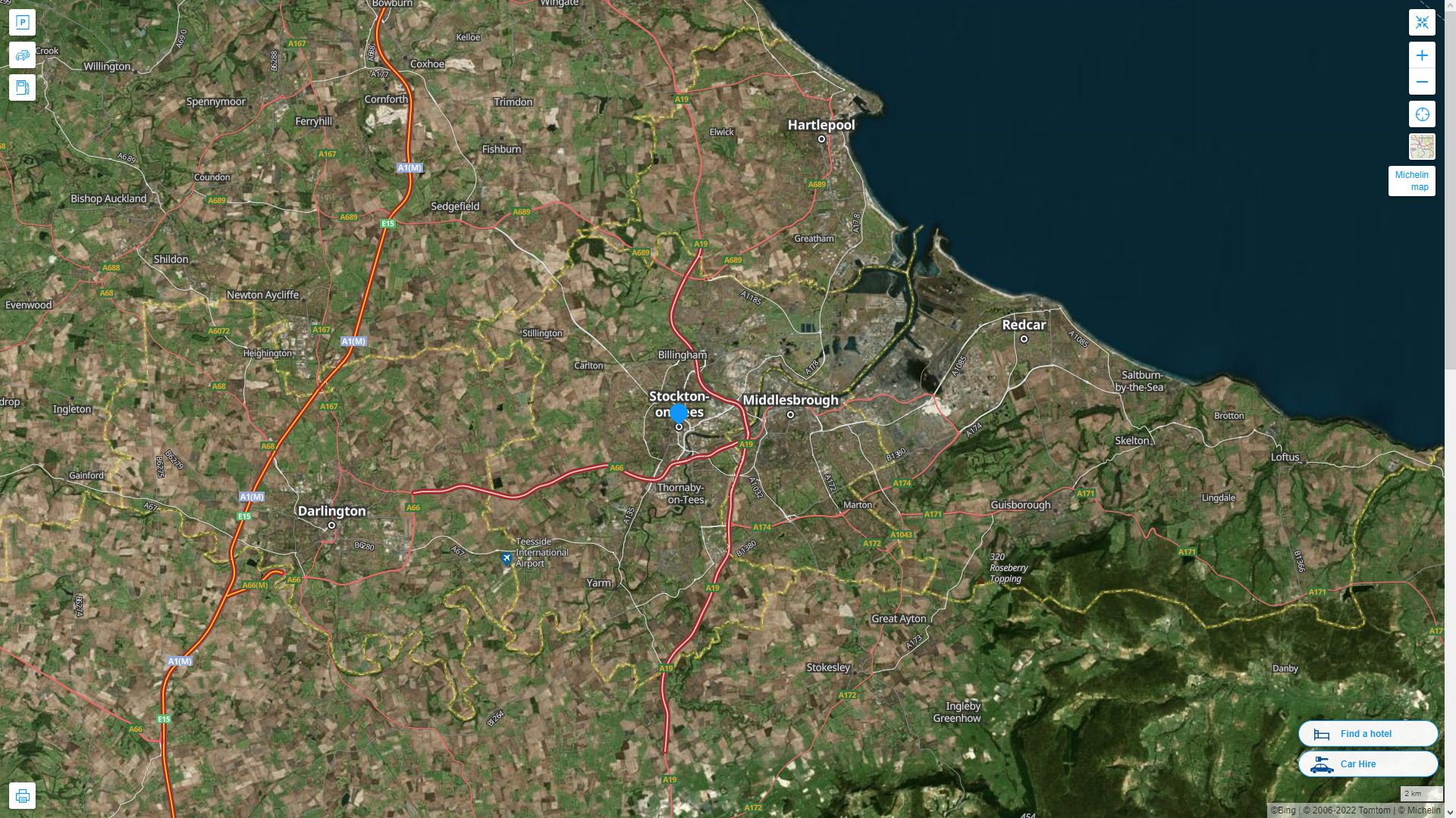 Stockton on Tees Royaume Uni Autoroute et carte routiere avec vue satellite
